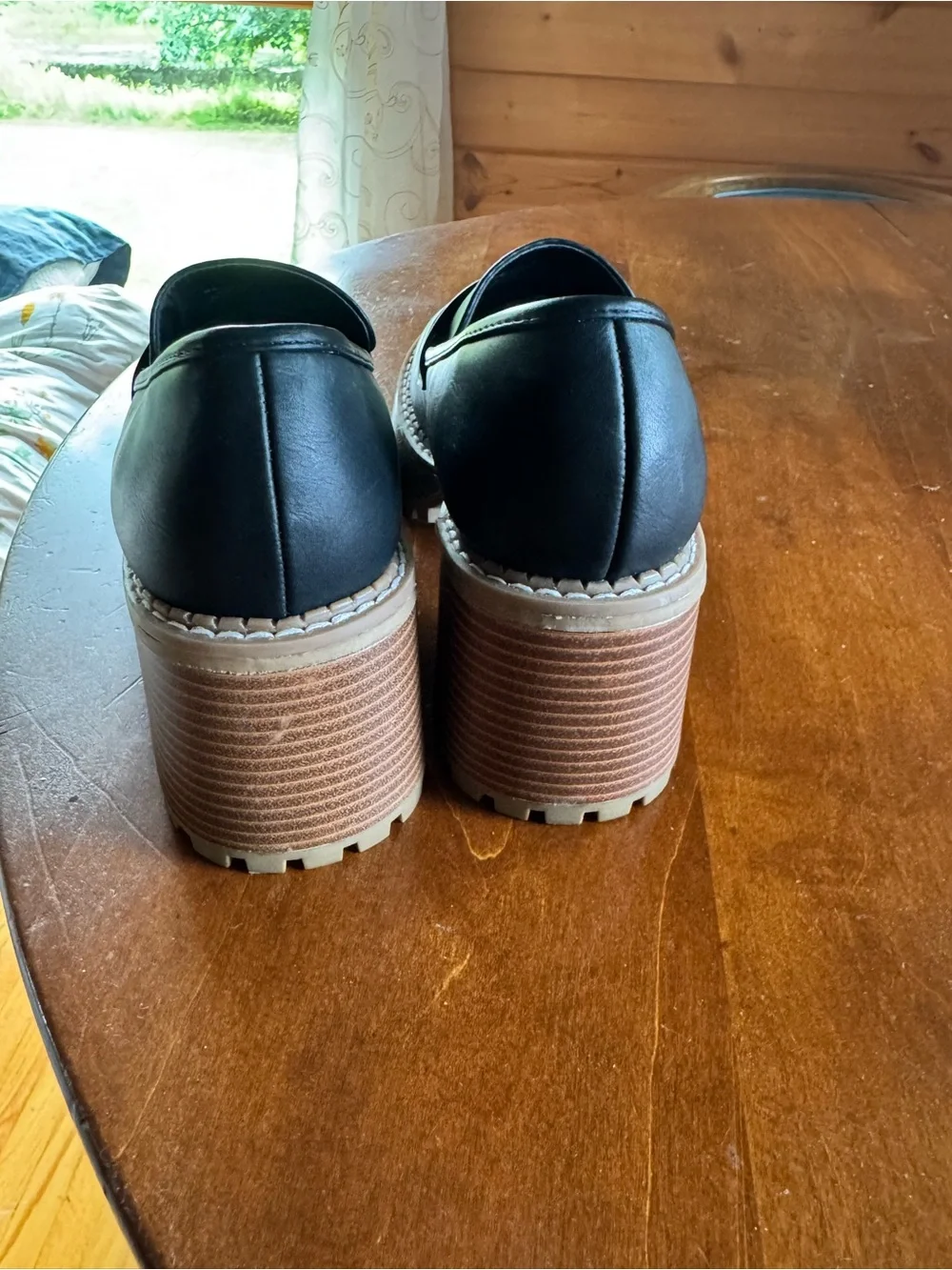 MIA Black Leather Platform Loafers with Wood-Effect Sole
